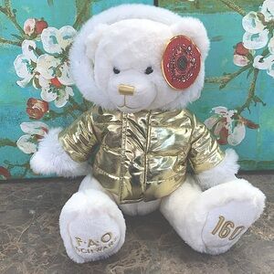 FAO Schwarz Teddy Bear 160th Anniversary White Plush Metalic Gold Puffer Coat
